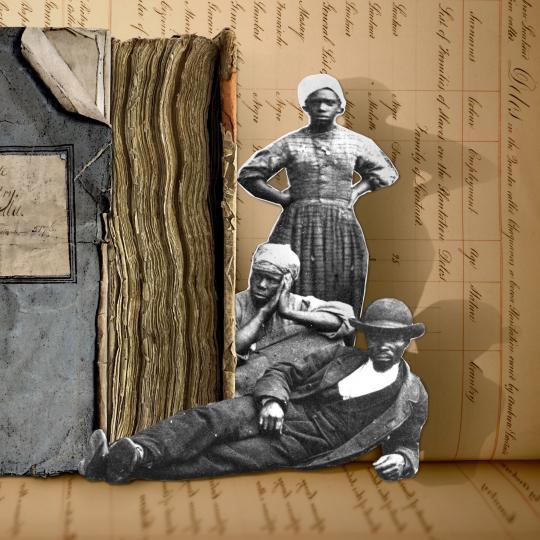 Collage of contraband African Americans peeking around British enslavement register books.