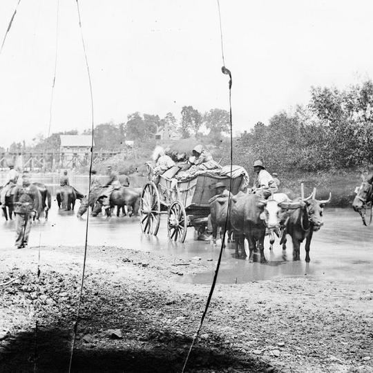 Black teamsters guiding a group of fugitives to safety in northern Virginia, 1862