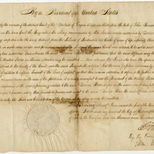 A pardon signed by George Washington
