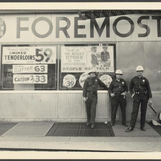 Police in Civil Defense Helmets after Riot on 125th Street, Harlem, 1963–1964.