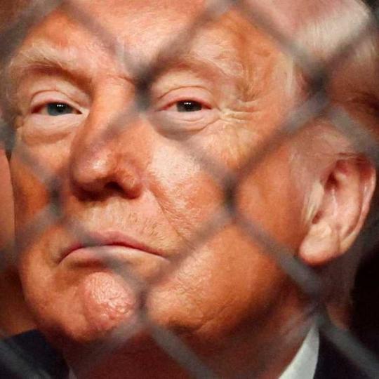 Donald Trump behind a chainlink fence