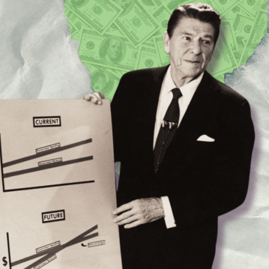Photo illustration featuring Ronald Reagan next to a chart