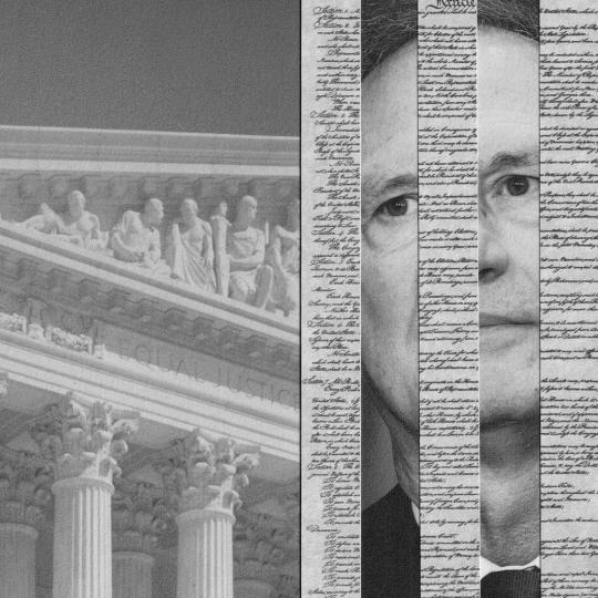 Art depicting Samuel Alito looking out to the columns of the Supreme Court building from behind strips of the constitution that are like jail bars