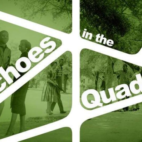 Students walking on a college campus, overlaid with a graphic of paths on a quad.