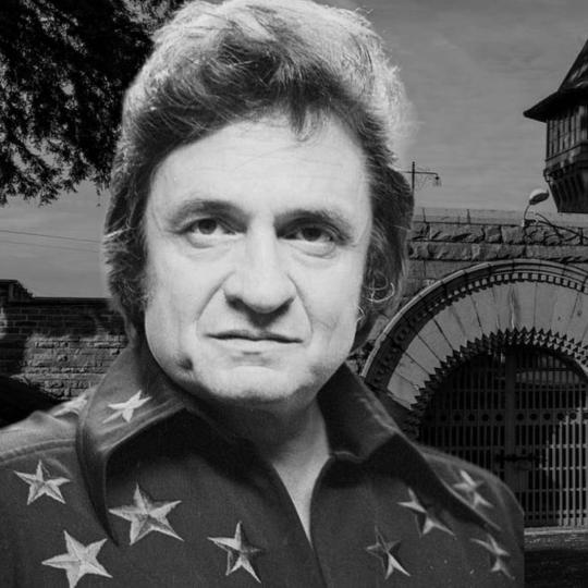 Image of Johnny Cash composited against the backdrop of Folsom State Prison