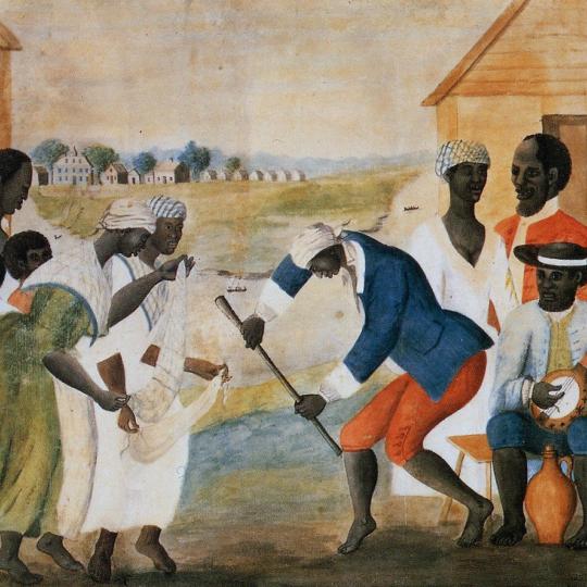 Painting of enslaved people playing music and dancing.