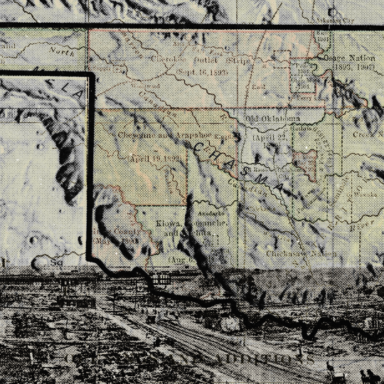 Map of Oklahoma superimposed over a view of a prairie town.