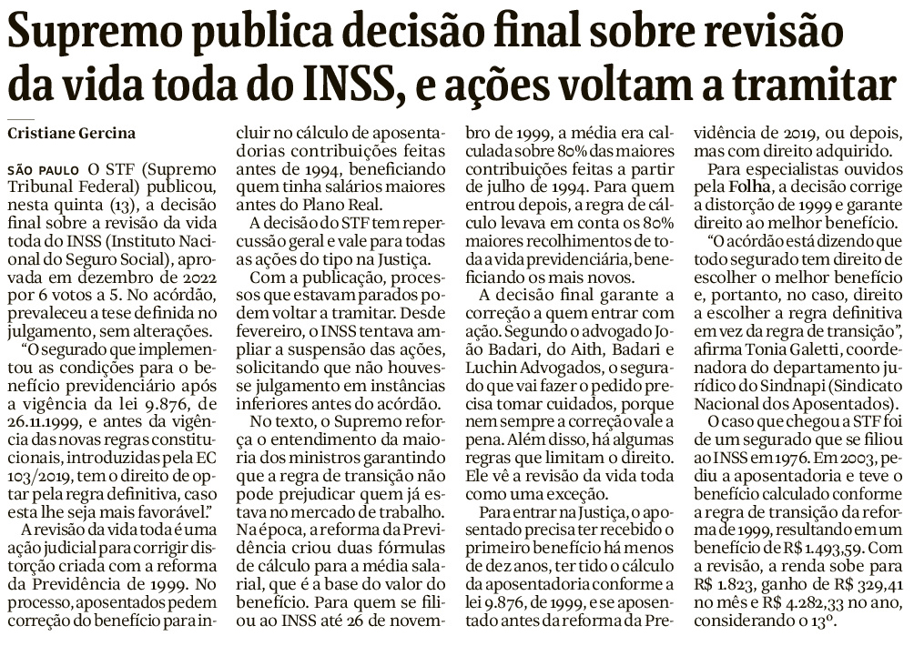 Supremo publica decisão final sobre a revisão da vida toda do INSS, e ações voltam a tramitar