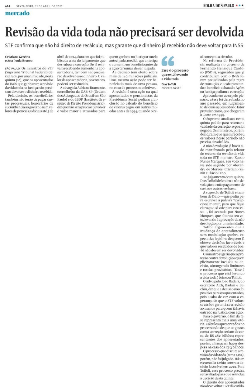 Revisão da vida toda não precisará ser devolvida