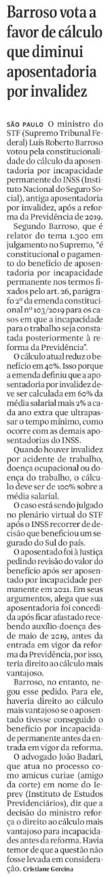 Barroso vota a favor de cálculo que reduz aposentadoria por invalidez