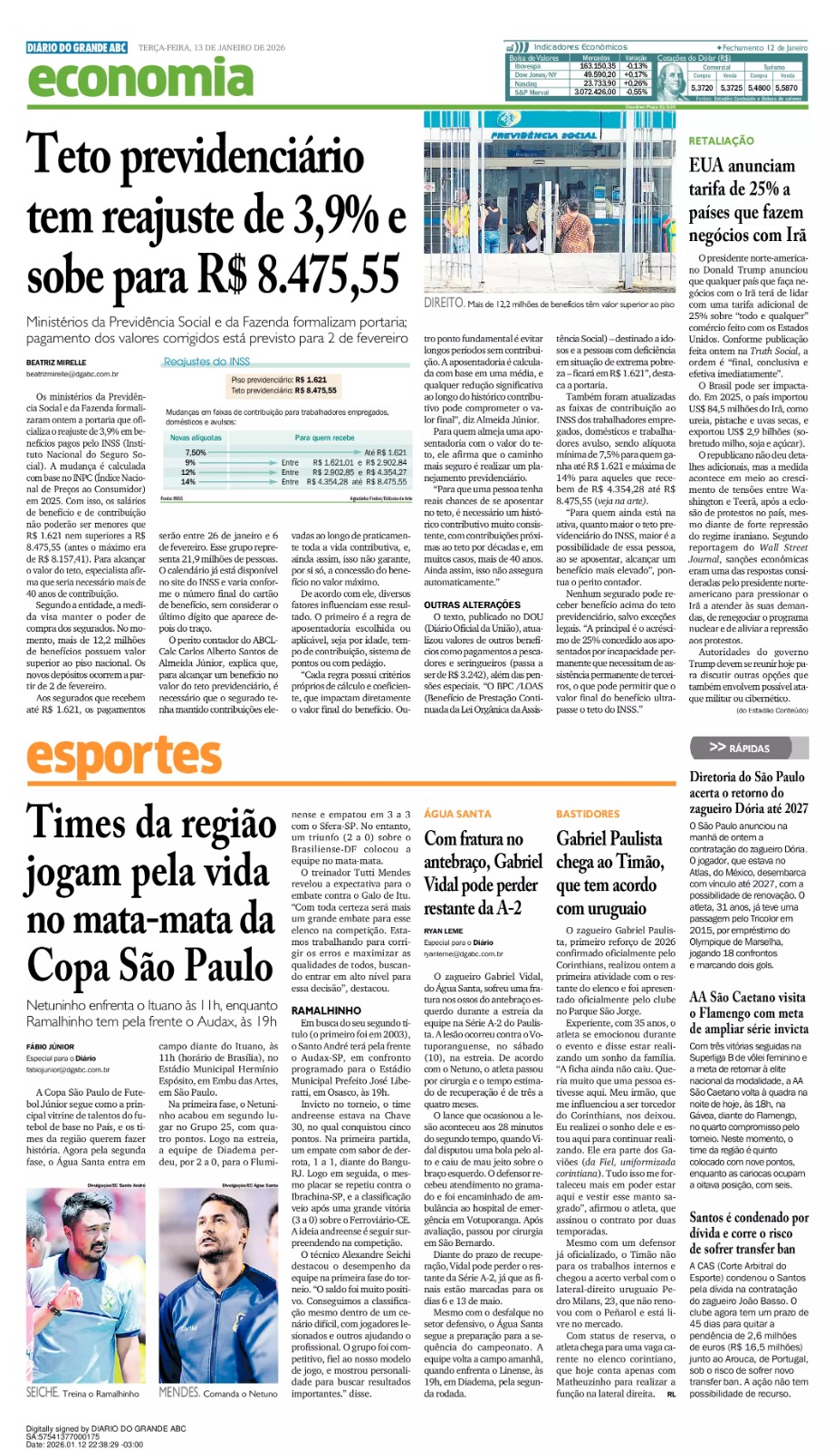 Teto previdenciário tem reajuste de 3,9% e sobe para R$ 8.475,55