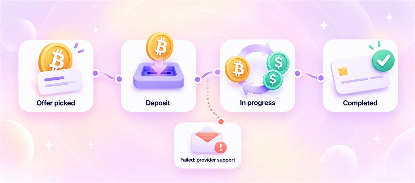 A sale in four stages: offer picked, deposit, in progress, completed. A failed sale leads to an email that points to the provider's support.