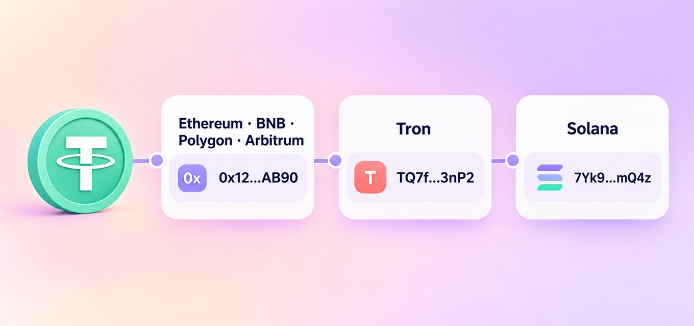 USDT address formats on Ethereum, Tron, Solana and EVM-compatible networks. Ethereum, BNB Chain, Polygon and Arbitrum begin with 0x; Tron begins with T.