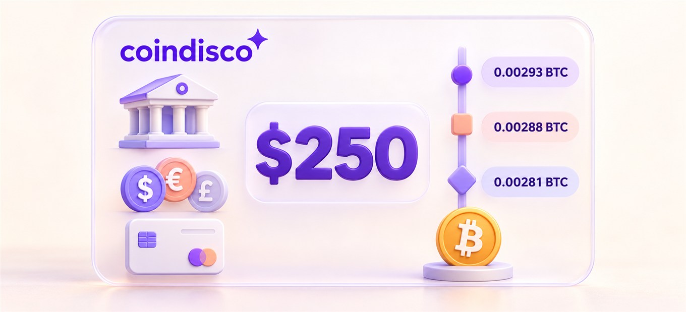 A $250 Bitcoin purchase compared across exchange, local currency and payment route, with three different BTC amounts.