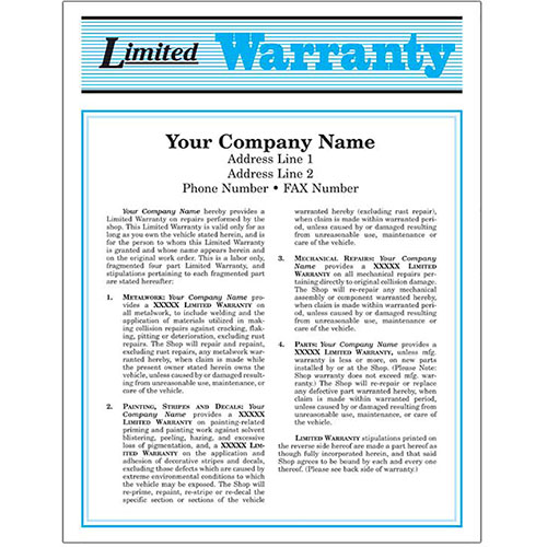 Auto Repair Warranty Forms Blue, 2Part (250) Automotive Forms