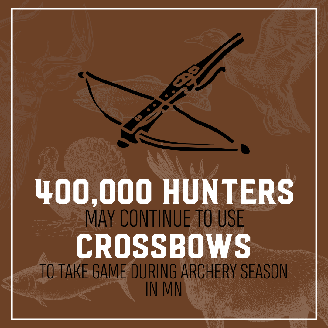 400,000 hunters in MN may continue to use crossbows to take game during archery season.