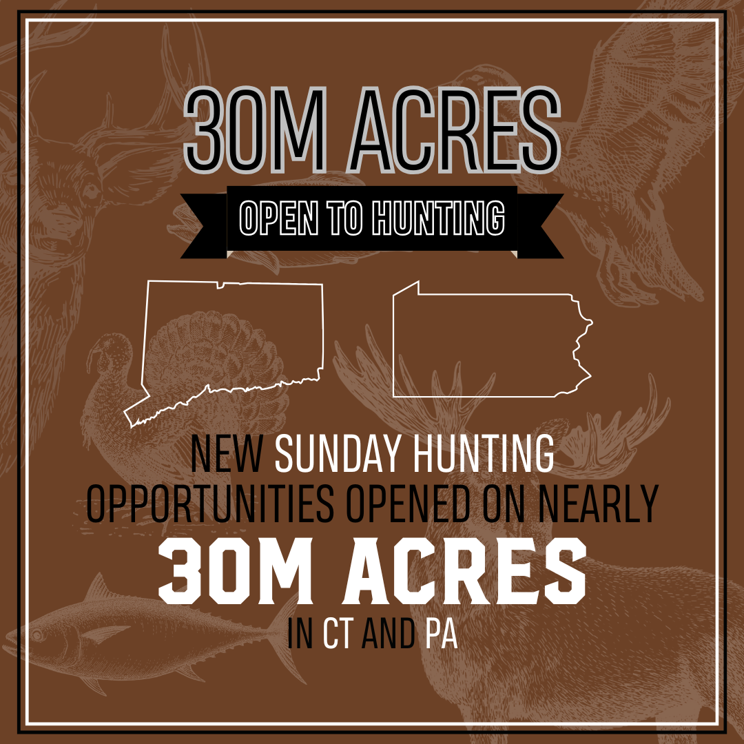 New Sunday hunting opportunities opened on nearly 30 million acres in CT and PA.