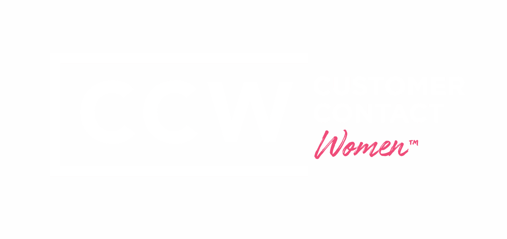 Logo with the letters "CCW" inside a rectangle and the words "Customer Contact Women™" to the right, with "Women™" in pink script font.