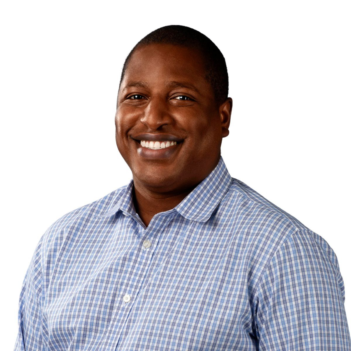 Smiling person wearing a blue checkered shirt against a white background.
