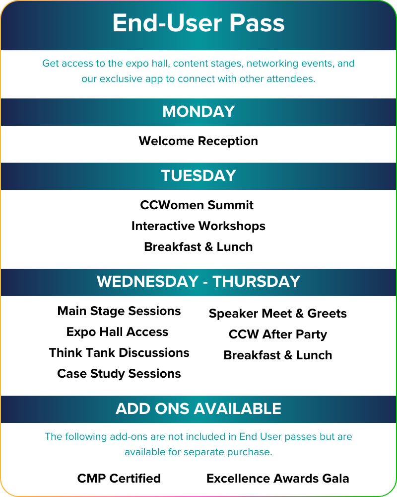 End-User Pass schedule: Monday, Tuesday, Wednesday - Thursday; add-ons available separately.