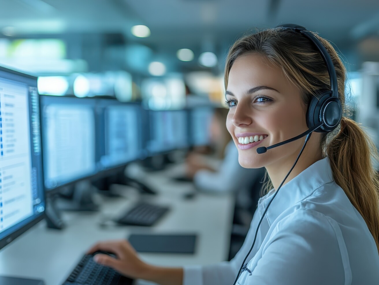 Active technical support agent attentively listening to customer, focused on solving issue, dual monitors displaying system diagnostics, copy space for superior customer service