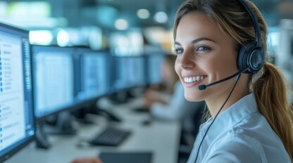 Active technical support agent attentively listening to customer, focused on solving issue, dual monitors displaying system diagnostics, copy space for superior customer service