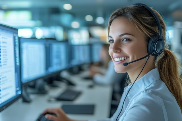 Active technical support agent attentively listening to customer, focused on solving issue, dual monitors displaying system diagnostics, copy space for superior customer service
