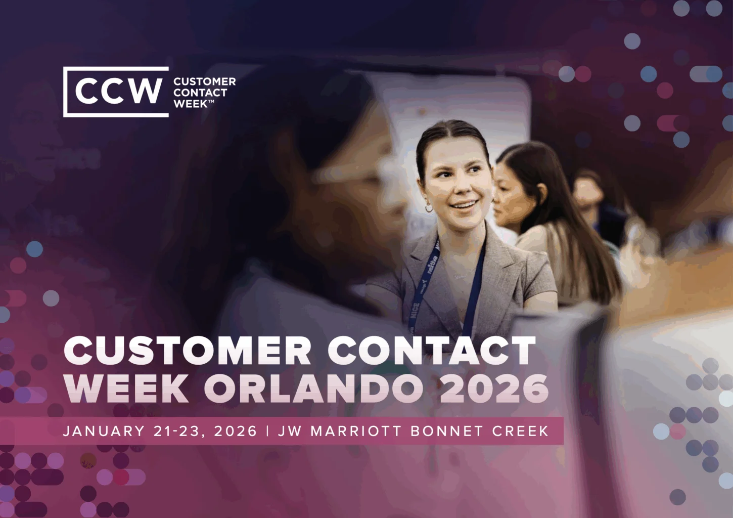 People interact at a business event with a large banner reading "Customer Contact Week Orlando 2026," including event dates and venue details.