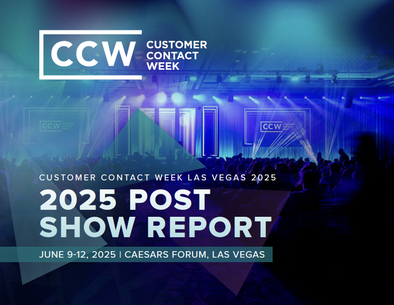 Audience seated in a large, blue-lit conference hall at Customer Contact Week 2025, with "2025 Post Show Report" and event details overlaid on the image.