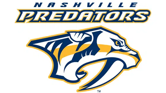 Nashville Predators logo featuring the team name and a stylized saber-toothed cat head in yellow, navy, and white.