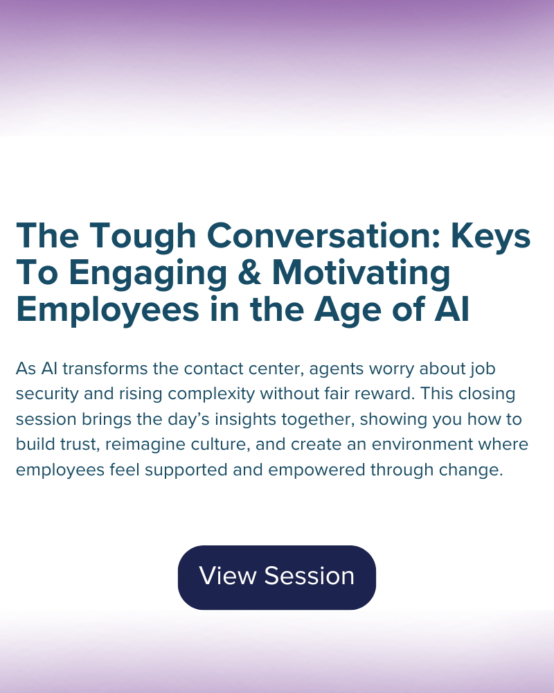 A promotional graphic for a session titled "The Tough Conversation: Keys to Engaging & Motivating Employees in the Age of AI" with a "View Session" button at the bottom.