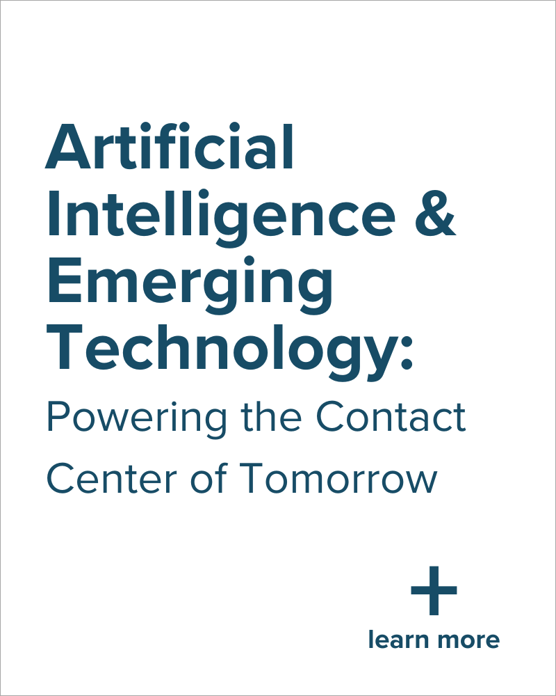 Text reads: "Artificial Intelligence & Emerging Technology: Powering the Contact Center of Tomorrow" with a plus sign and "learn more" at the bottom right.