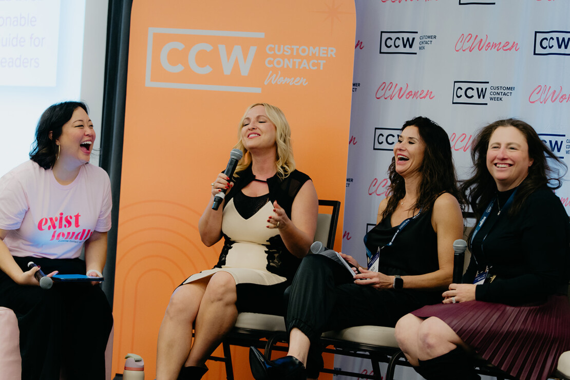 Four women sit and speak on a panel at a Customer Contact Week event, smiling and laughing, with CCW banners visible in the background.