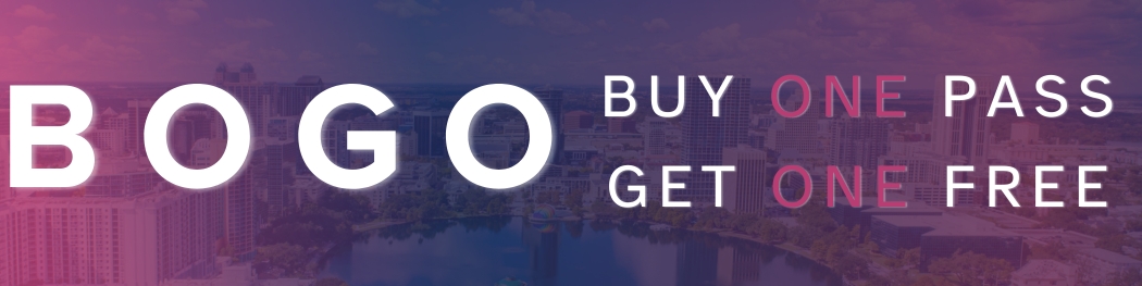 Text reading "BOGO Buy One Pass Get One Free" over a faint cityscape background.