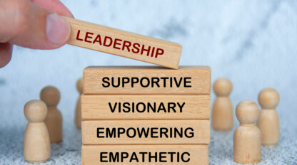 A hand places a wooden block labeled "LEADERSHIP" on top of blocks labeled "SUPPORTIVE," "VISIONARY," "EMPOWERING," and "EMPATHETIC," surrounded by wooden figures.