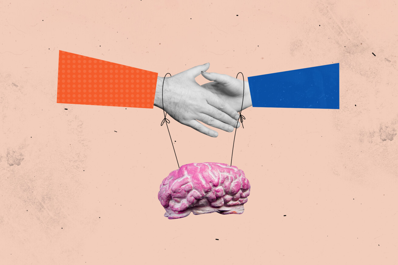 Two illustrated arms shaking hands with a pink brain suspended by strings between them against a pale background.