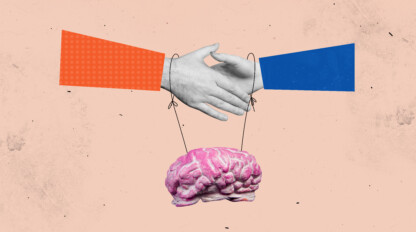 Two illustrated arms shaking hands with a pink brain suspended by strings between them against a pale background.