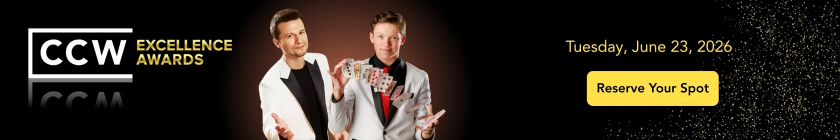 Two men in suits stand with playing cards; text reads "CCW Excellence Awards, Tuesday, June 23, 2026. Reserve Your Spot" on a black background.