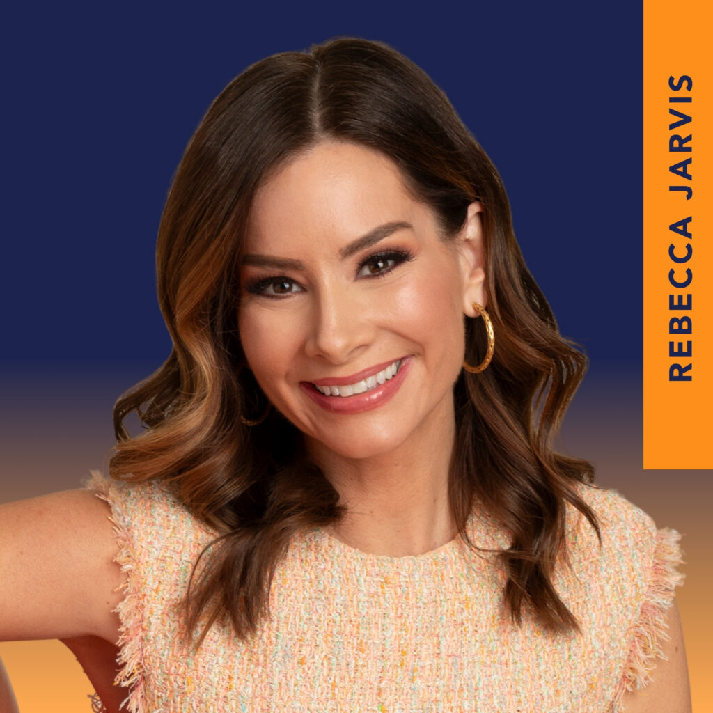A woman with wavy brown hair smiles at the camera. She wears a light textured top and hoop earrings. The name "Rebecca Jarvis" appears vertically on an orange bar to the right.
