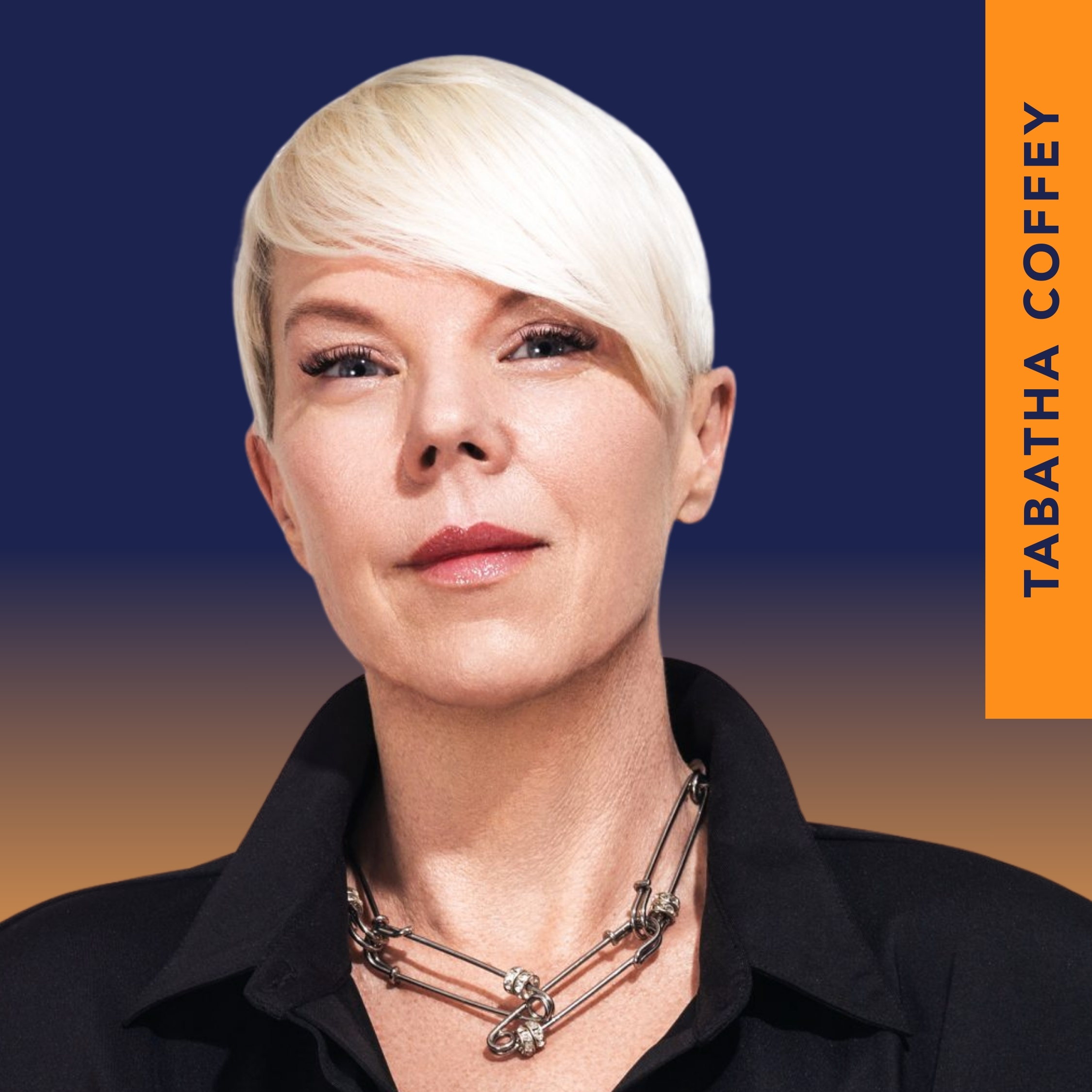 A person with short platinum blonde hair and a black collared shirt looks at the camera; "TABATHA COFFEY" is written vertically on an orange sidebar.
