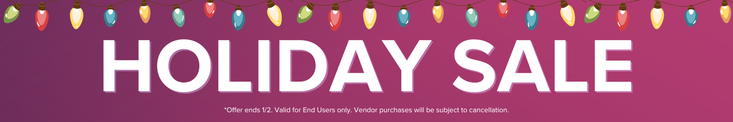 Banner with "HOLIDAY SALE" in large white letters on a red background, decorated with a string of colorful holiday lights at the top.