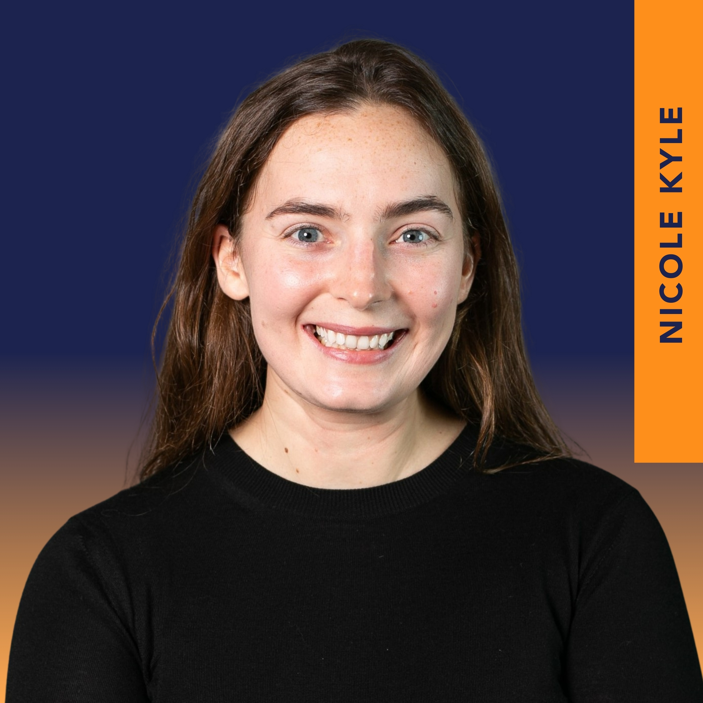 A woman with long brown hair and a black top smiles at the camera; "Nicole Kyle" is written vertically on an orange bar to the right.