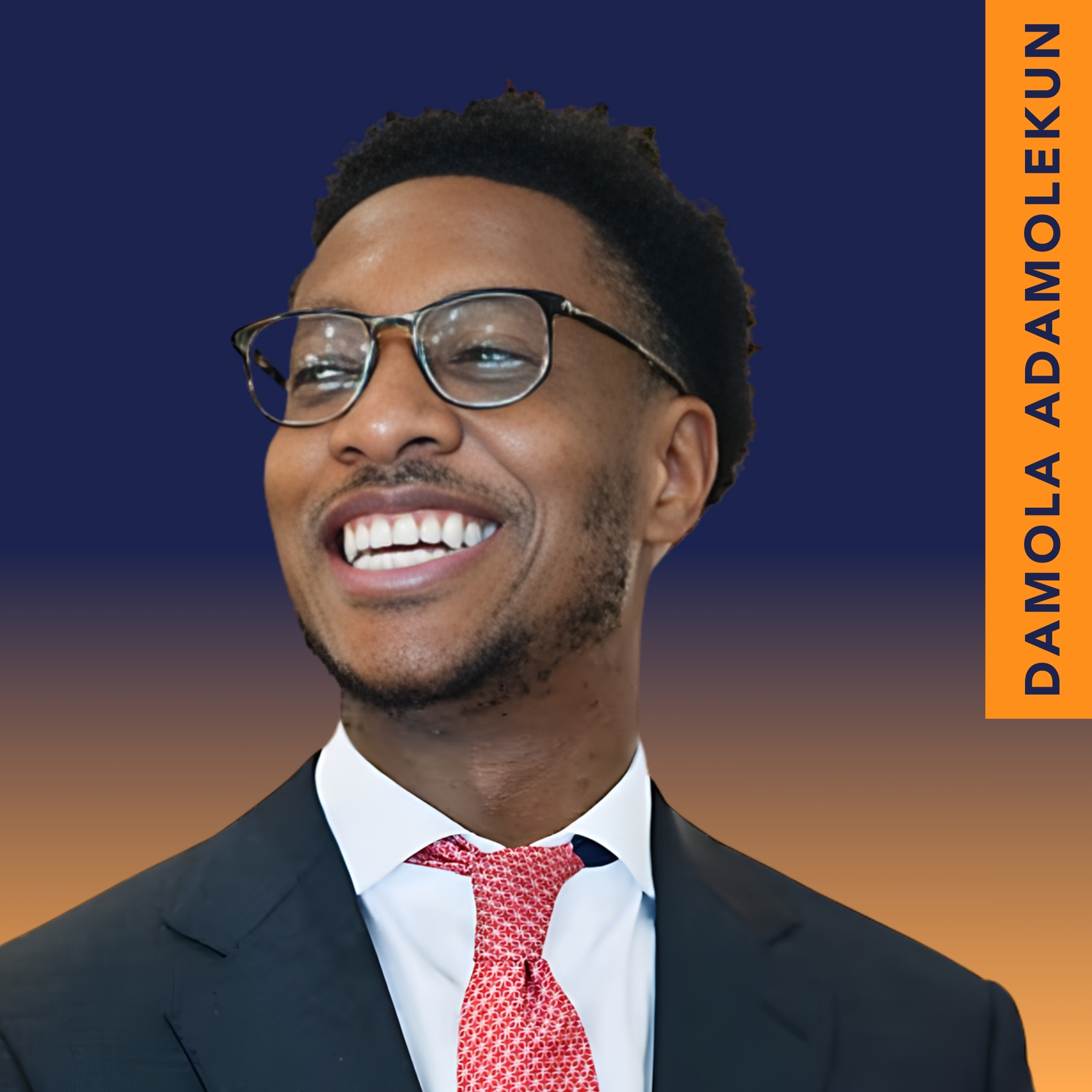 A man in a suit and glasses smiles, with the name "Damola Adamolekun" written vertically on an orange strip to the right.