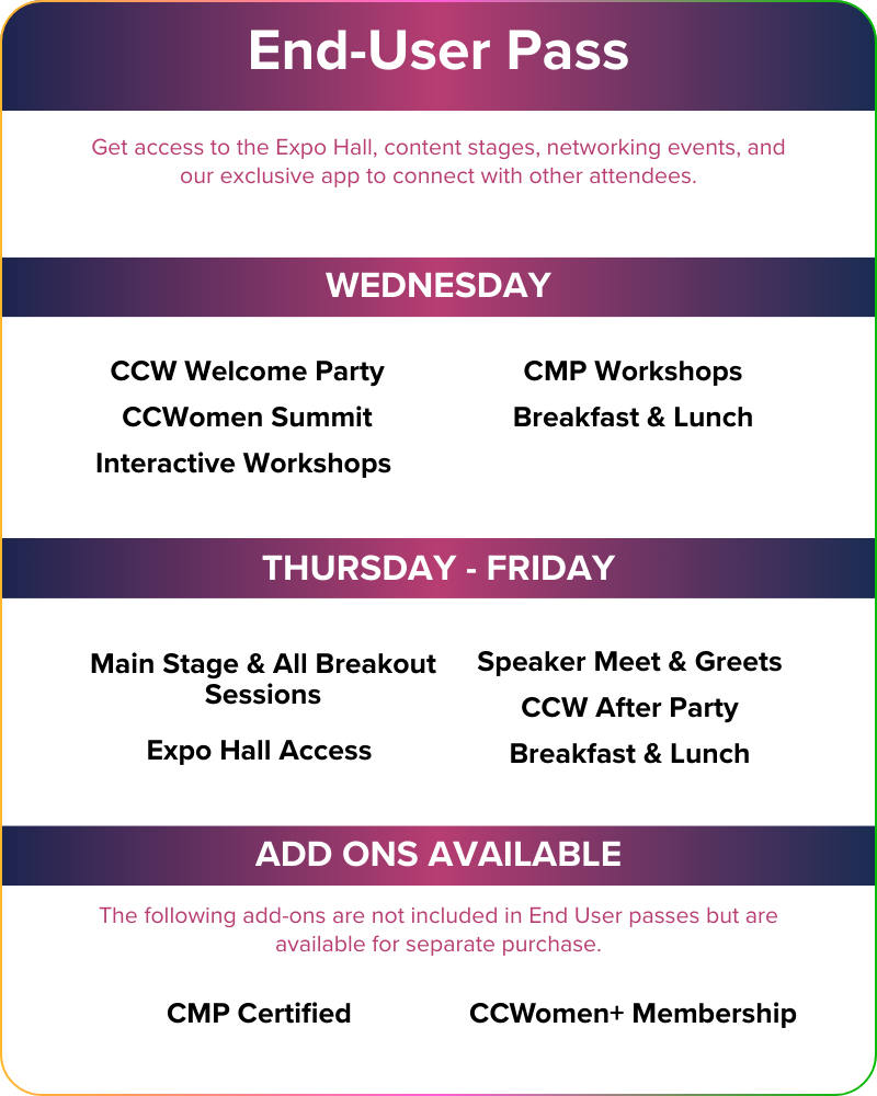 End-User Pass schedule with events listed for Wednesday to Friday, including workshops, summits, sessions, expo access, meals, and available add-ons like certification and membership.