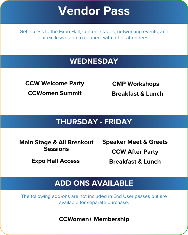 Vendor pass schedule listing event access for Wednesday through Friday, with add-on options available; excludes End User-specific items unless purchased separately.