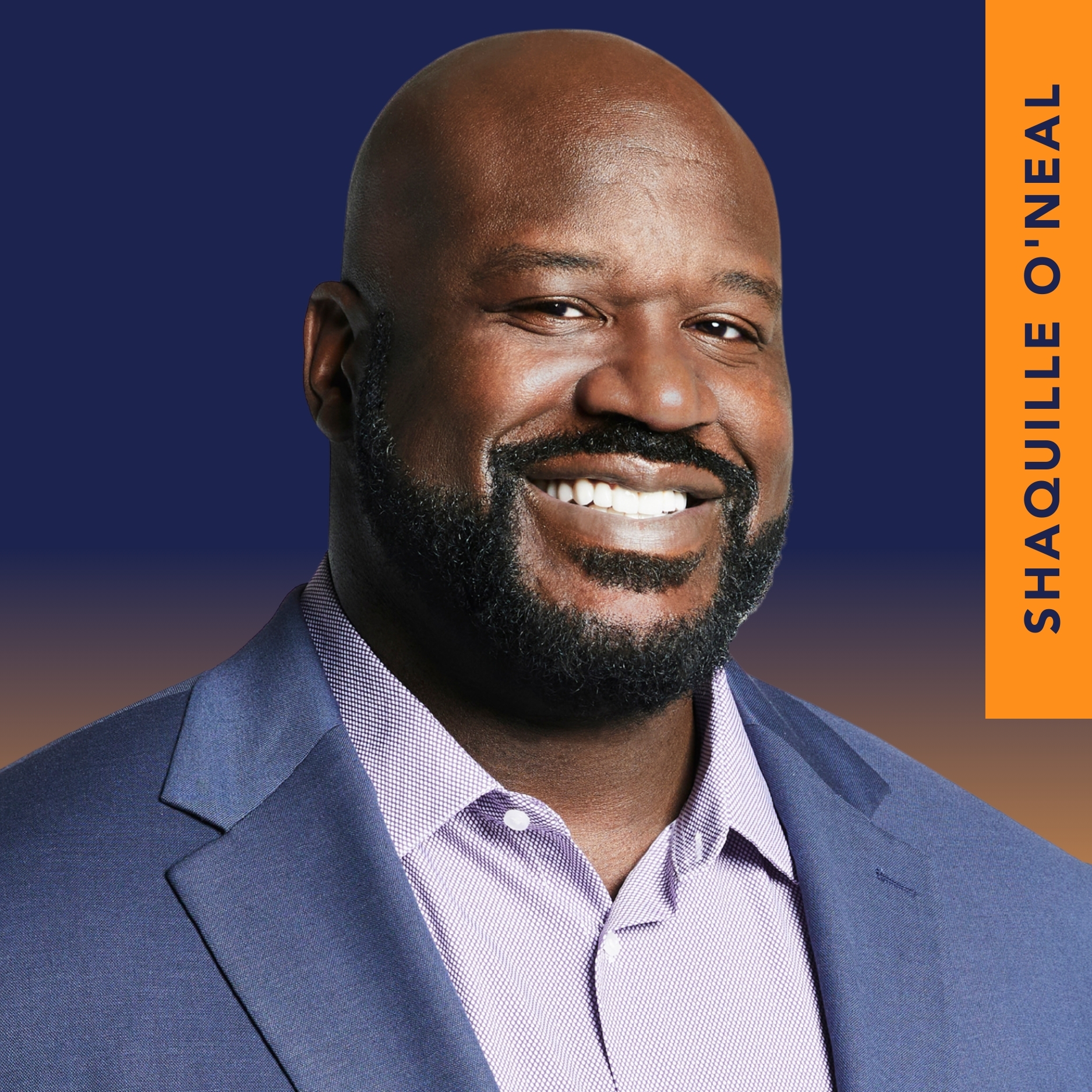A man with a beard smiles in a suit jacket and collared shirt. The background is blue with an orange bar showing the name "Shaquille O'Neal" vertically.