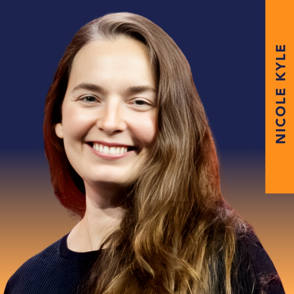 A woman with long brown hair smiles at the camera. The background is a blue-to-orange gradient with an orange vertical bar on the right displaying the name "NICOLE KYLE.