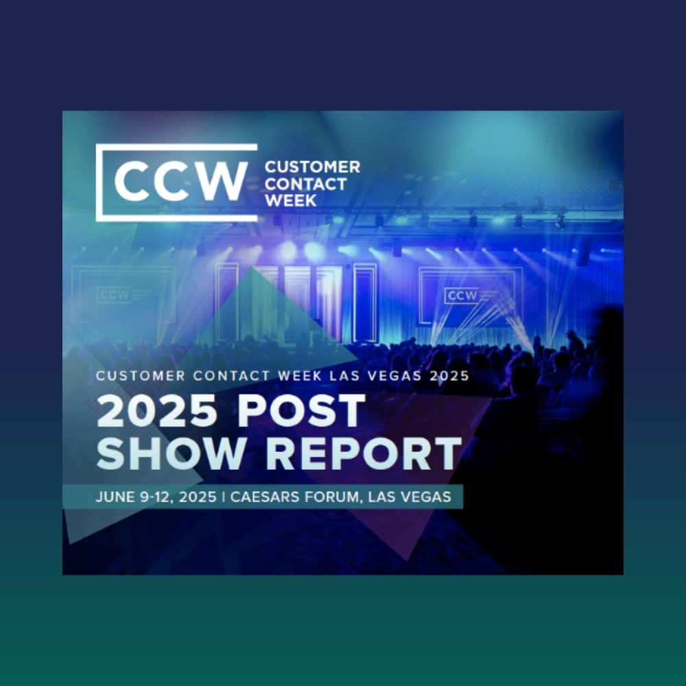 Graphic for Customer Contact Week 2025 Post Show Report, held June 9-12, 2025 at Caesars Forum, Las Vegas, with people seated in an event space.