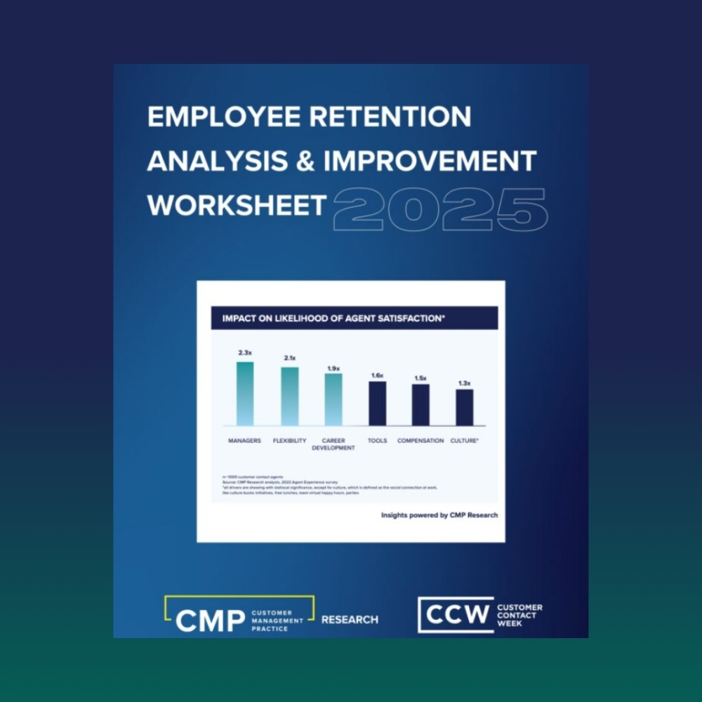 Cover of "Employee Retention Analysis & Improvement Worksheet 2025" with a bar chart showing factors impacting agent satisfaction, including managers, flexibility, and career development.