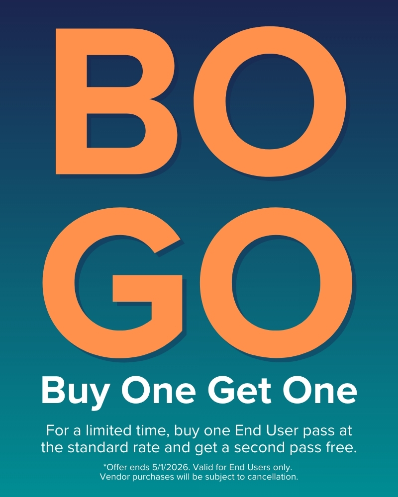 Large orange text "BOGO" with white text below stating "Buy One Get One." Additional details specify a buy one End User pass, get one free offer ending 5/1/2026.